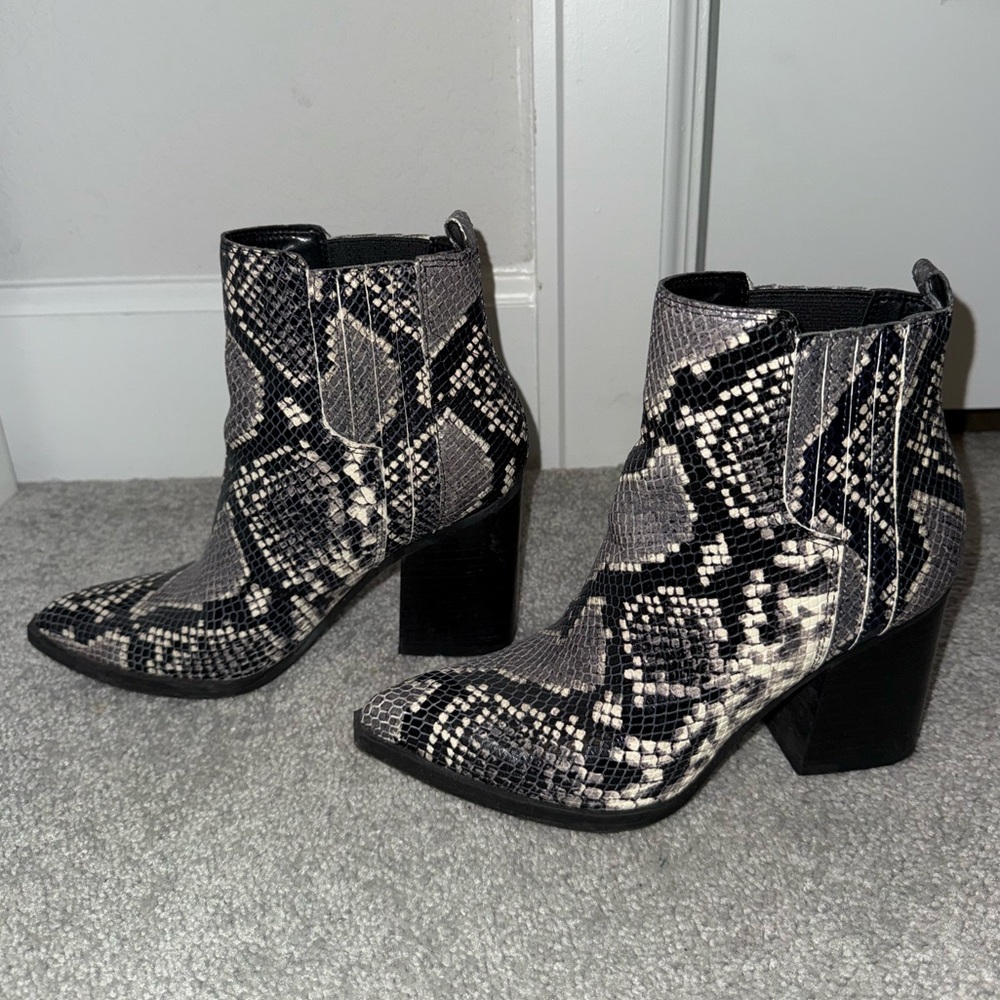 Marc Fisher Black and Gray Ankle Booties with Snakeskin Pattern